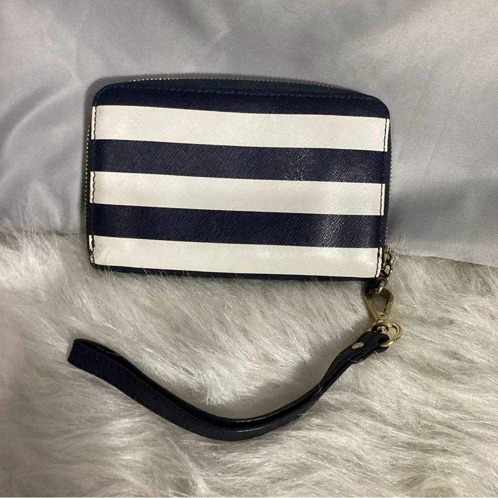 Michael Kors Blue/ White Striped Zip Around Clutch Wristlet Wallet - Picture 4 of 12